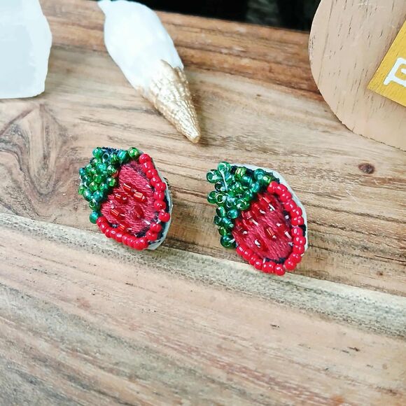 Strawberry Beaded Embroidery Stud Earrings, Handmade OOAK Artisan Fruit - Picture 3 of 4
